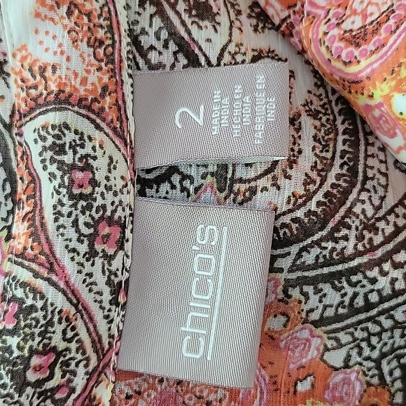 Chico's Orange Pink Brown Paisley Sheer Button Down Shirt Size Large - Picture 2 of 7